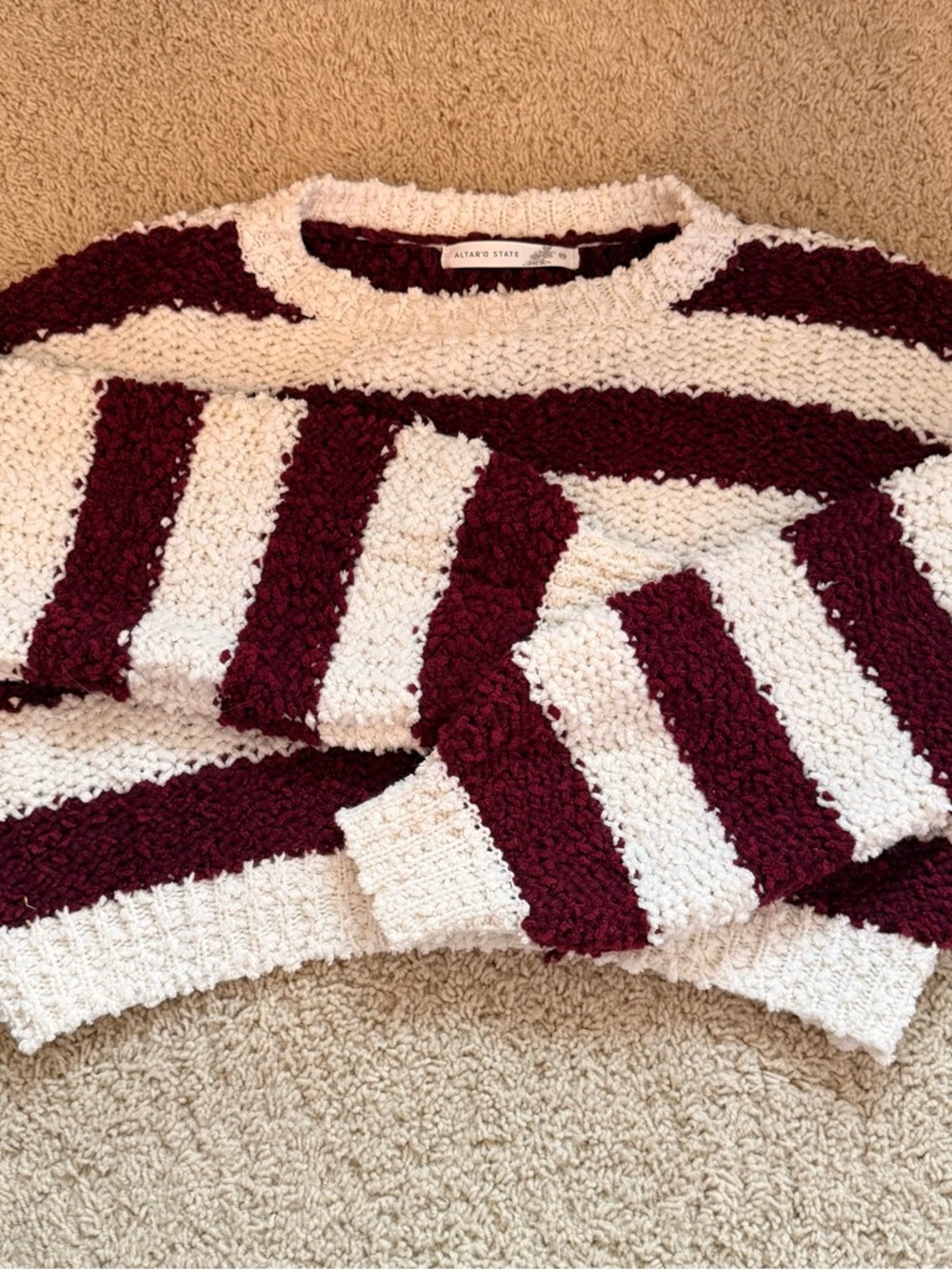 Altar'd State Maroon and Cream Striped Crop Sweater
